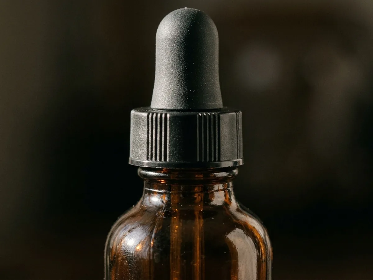 Macro of the neck and cap of one amber dropper bottle — the bulb, the glass pipette and the threaded neck finish, no label