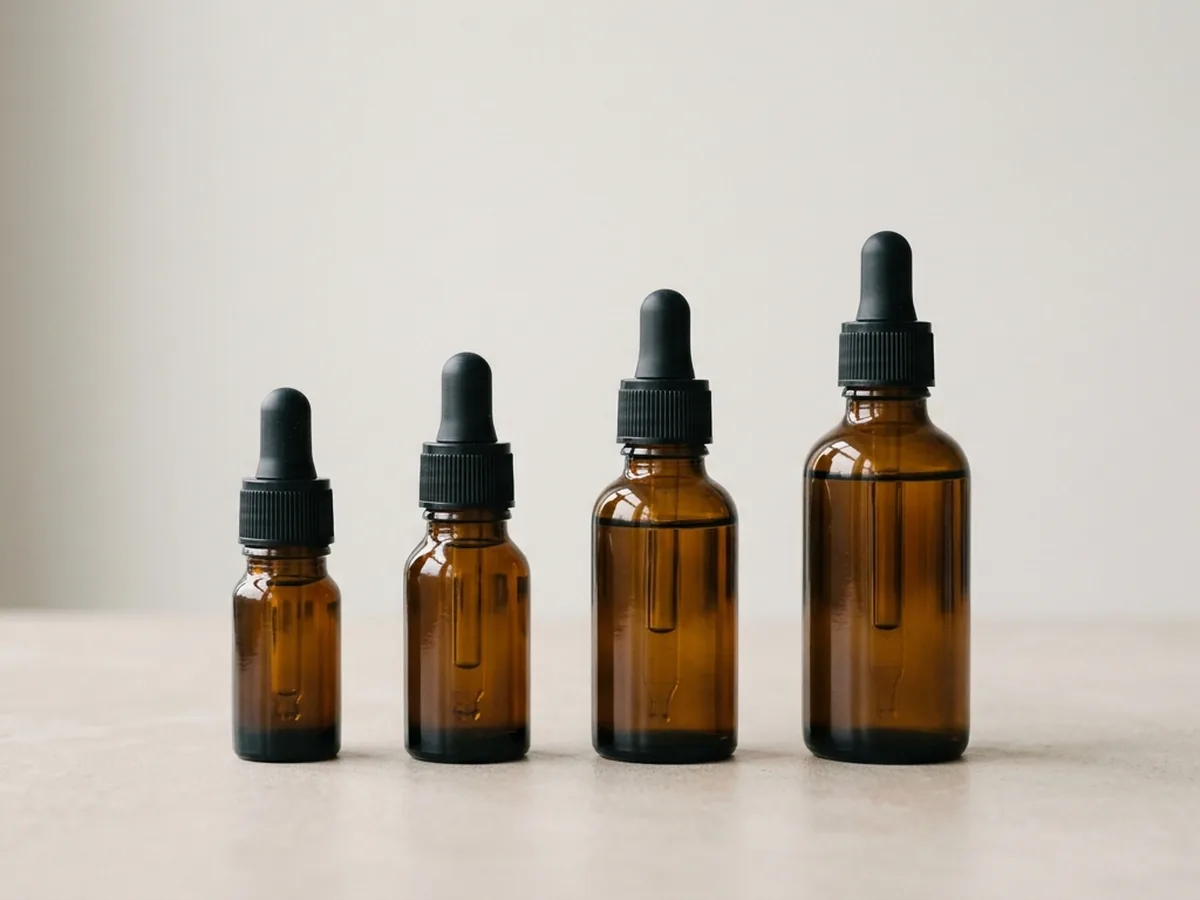 Four unlabelled amber glass dropper bottles of ascending size standing in a row on a pale surface