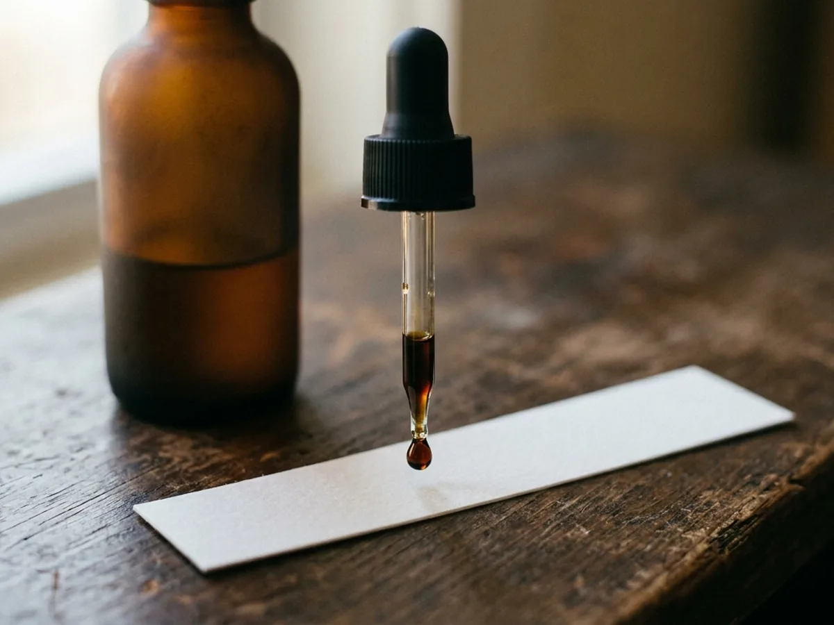 A single drop of dark oil hanging from the glass pipette tip of an amber dropper bottle above a blank white blotter strip