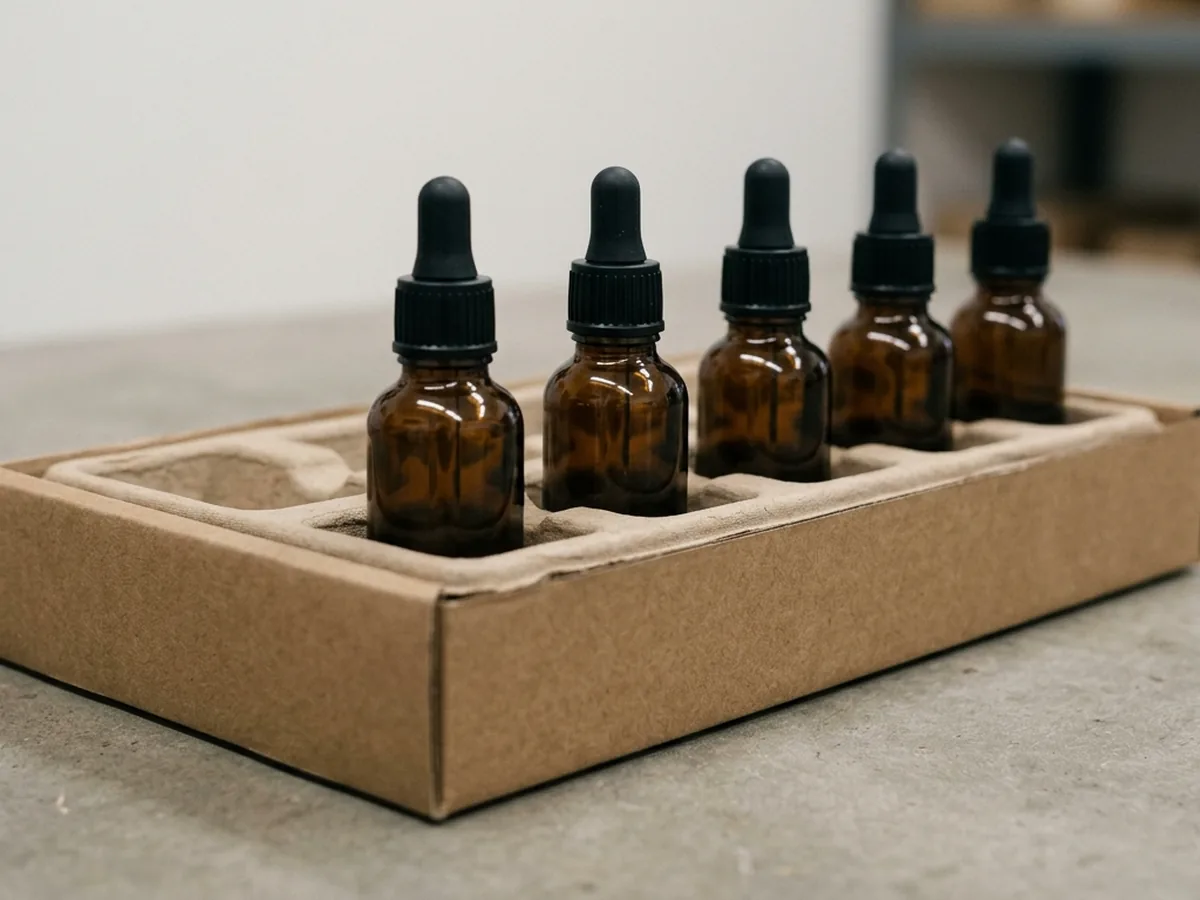 A kraft tray holding a row of unlabelled amber dropper bottles seated in a moulded insert, seen from a low three-quarter angle