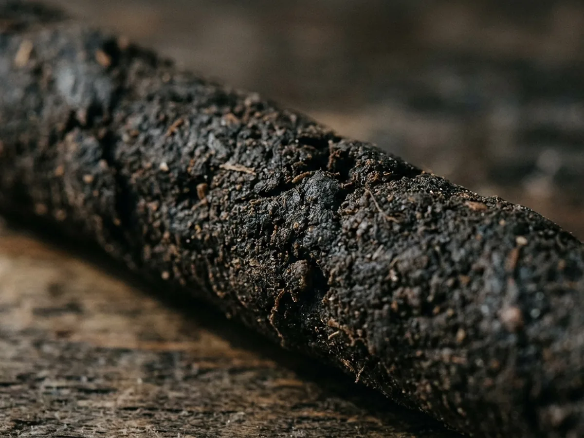 Macro of the surface of a thick oud incense stick — coarse resinous grain and an uneven hand-rolled finish