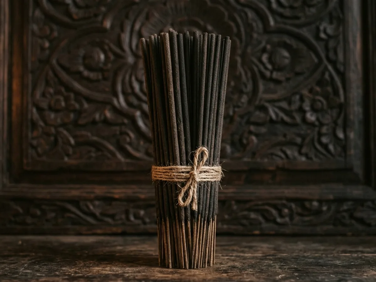 Thick bundle of long dark Arabic oud incense sticks tied with plain cord, standing against a carved timber panel