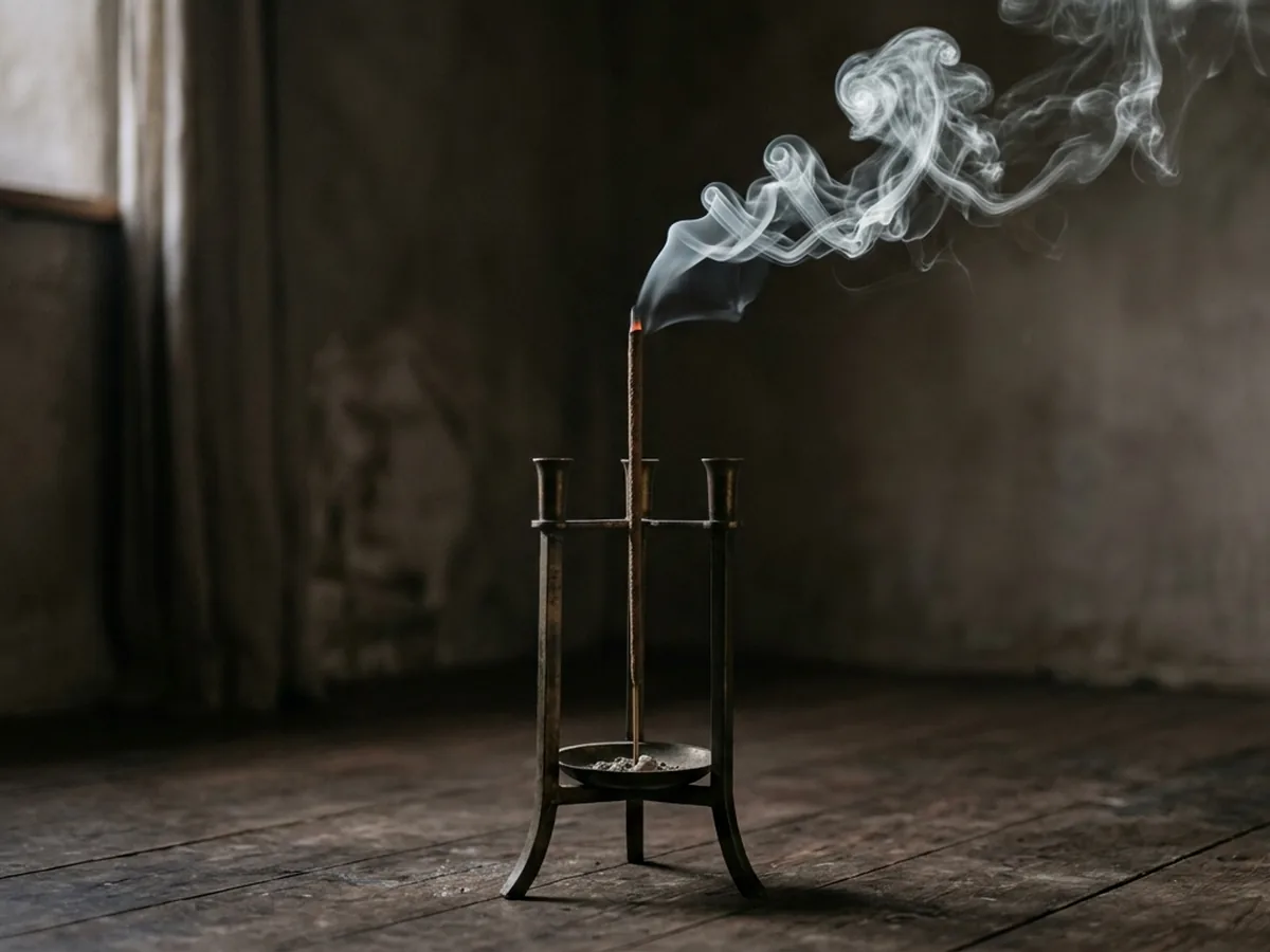 One long oud incense stick burning in a tall brass floor stand in a dim room, a generous curling plume of smoke