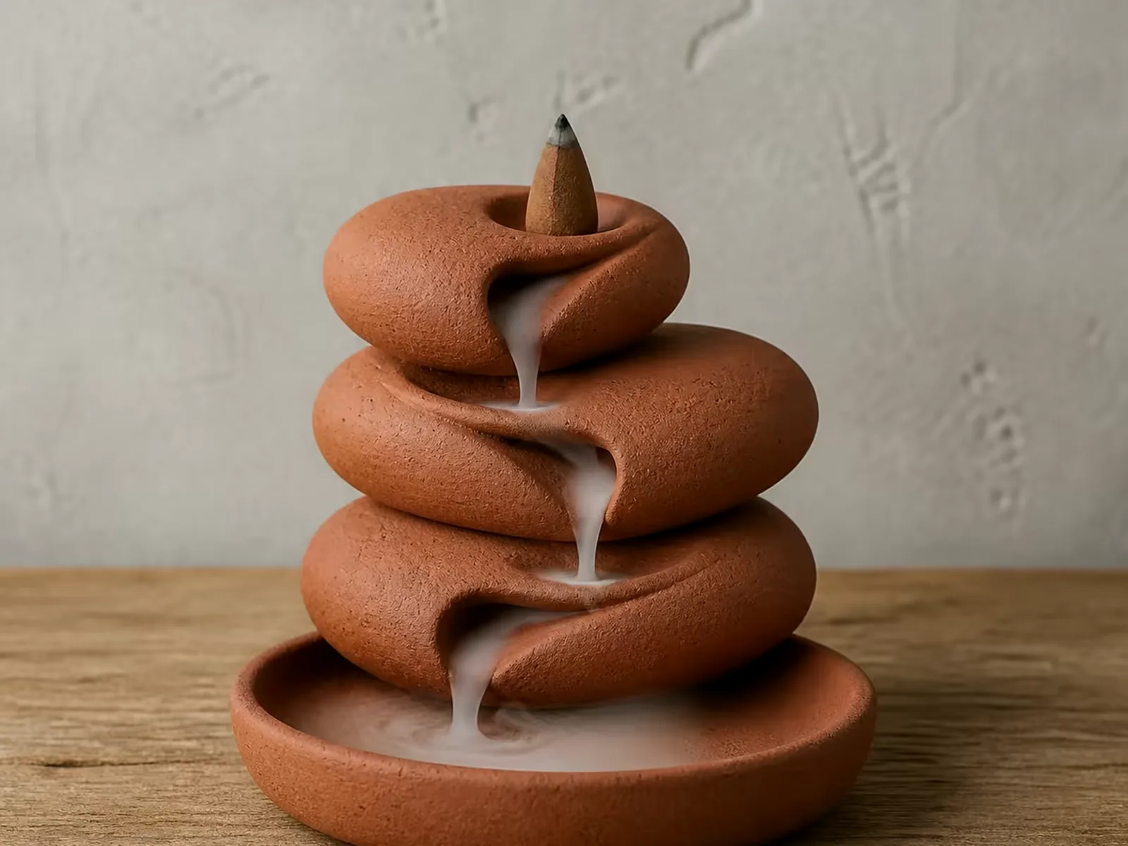Terracotta stacked-stone backflow burner running on a wooden table