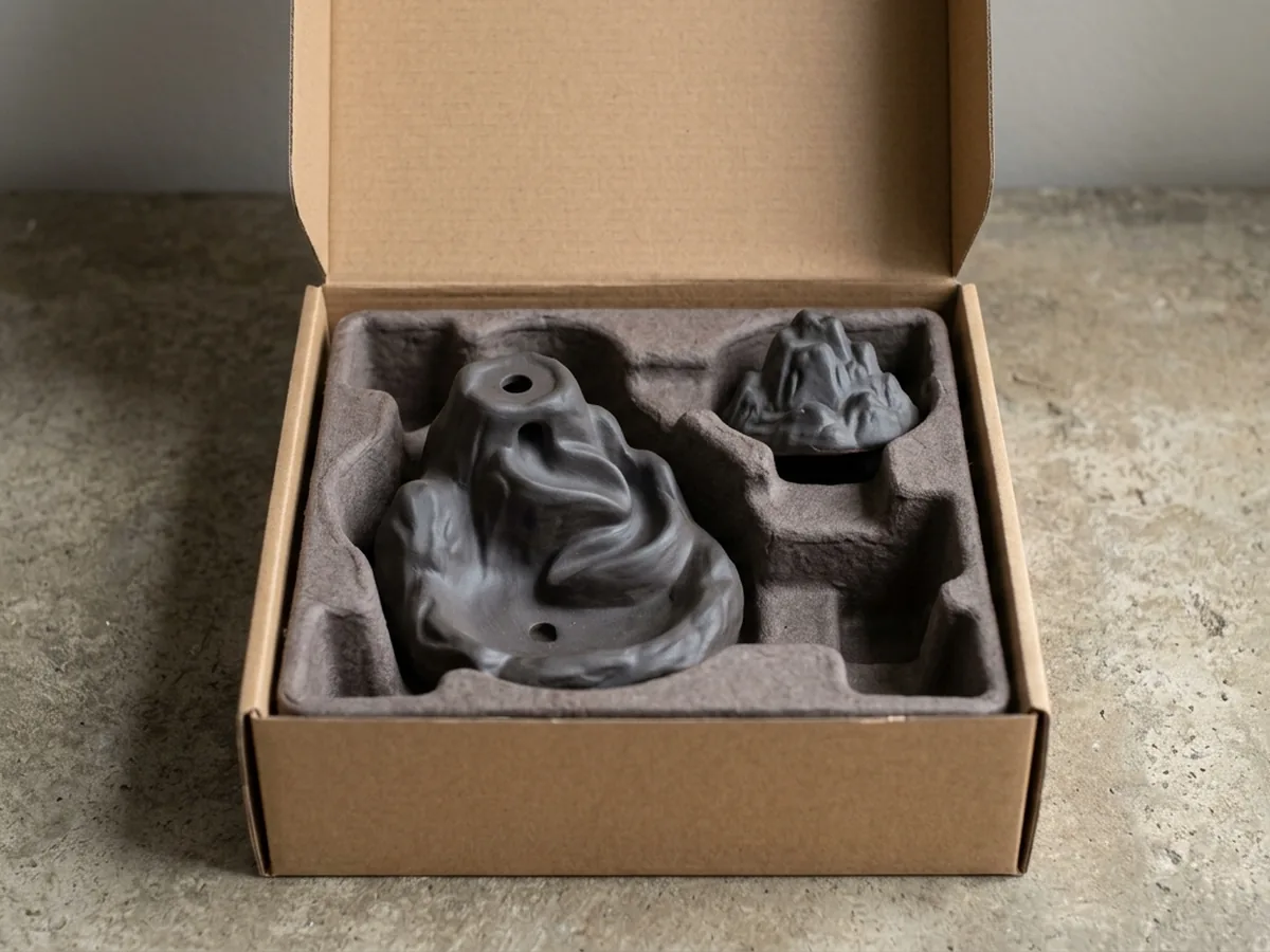 An open kraft box with a moulded pulp insert holding a ceramic backflow burner, the loose upper piece seated in its own well