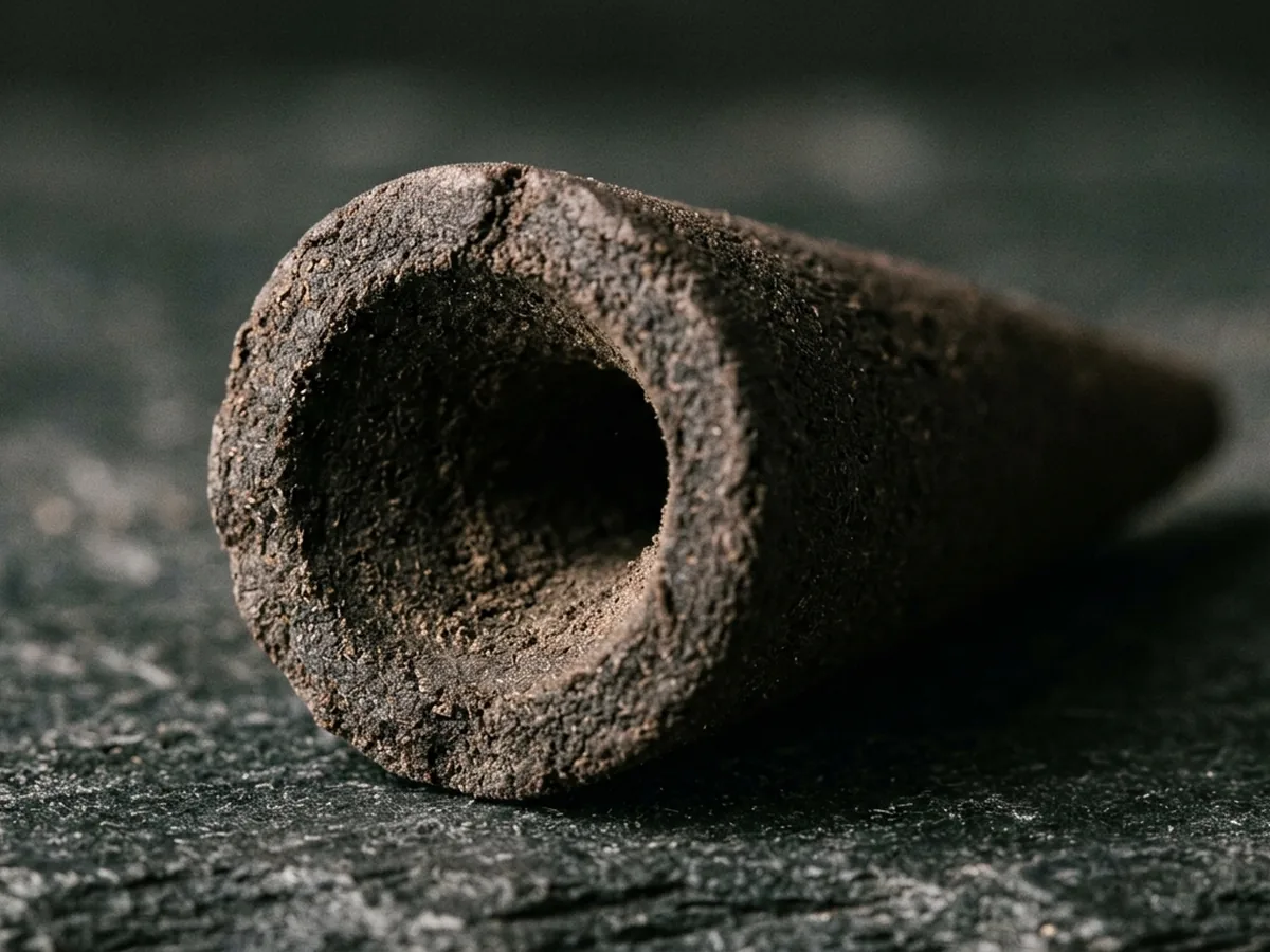 One incense cone on its side so the hollow channel running from the open base up towards the apex vent is clearly visible