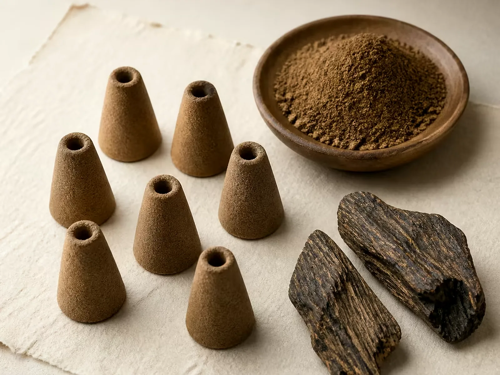 Seven backflow incense cones with hollow bases, beside a bowl of agarwood powder and resin chips