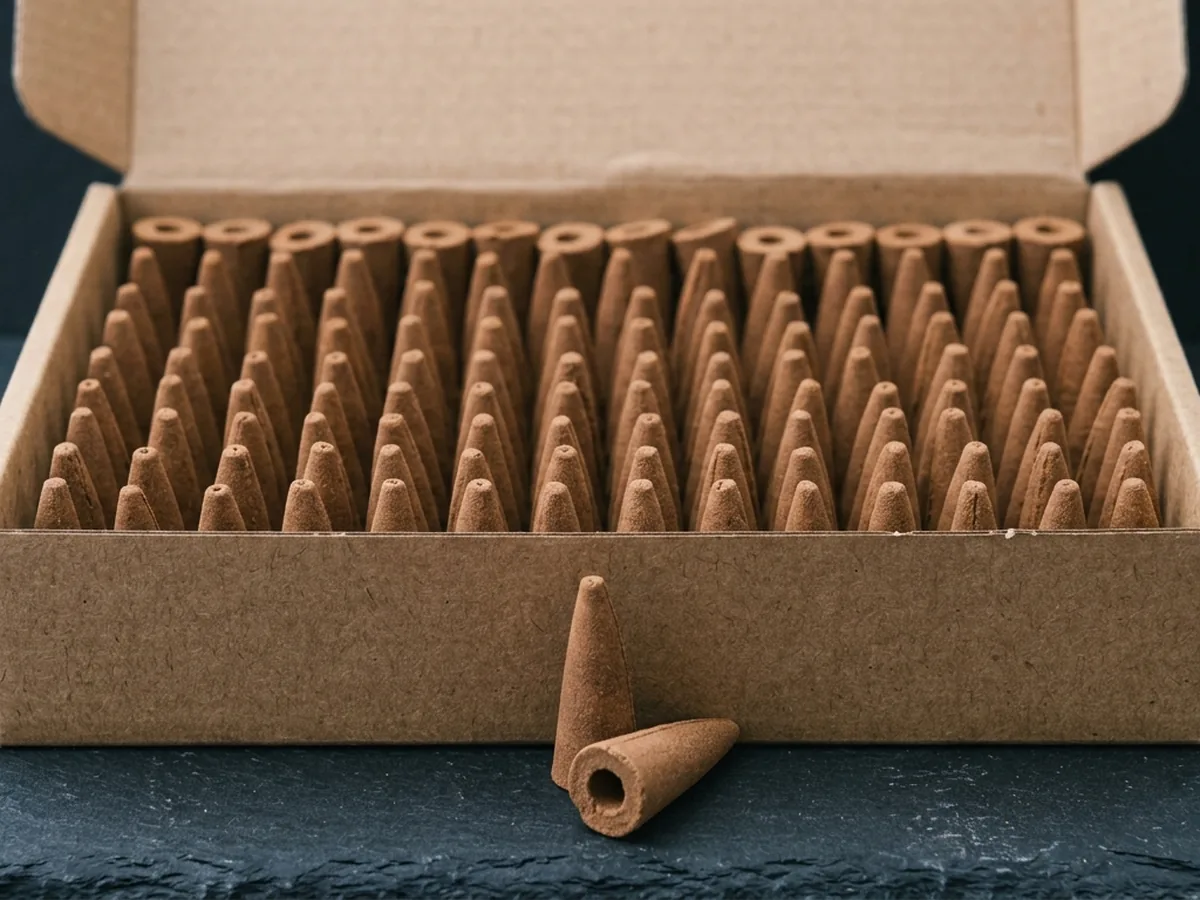 A plain kraft box lying open with hollow-based incense cones packed upright in rows, one cone tipped in front to show its open base