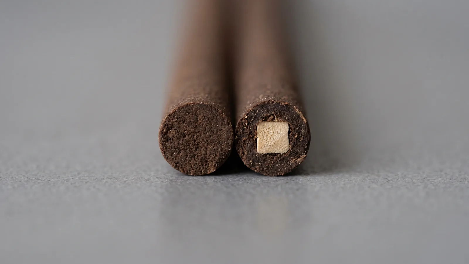 Two incense stick cross-sections, one solid and one cored, showing what incense sticks without bamboo look like inside