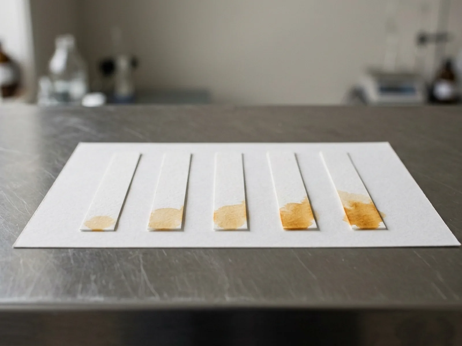 Five blank paper blotter strips laid in a row on a white mat, each lightly stained with oil