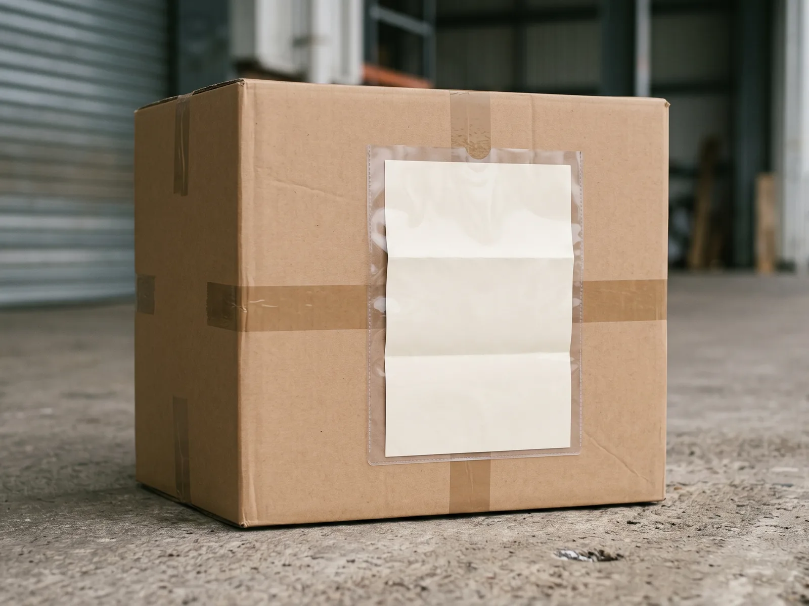 A clear document wallet taped to the outside of a sealed export carton, holding the paperwork that travels with the goods