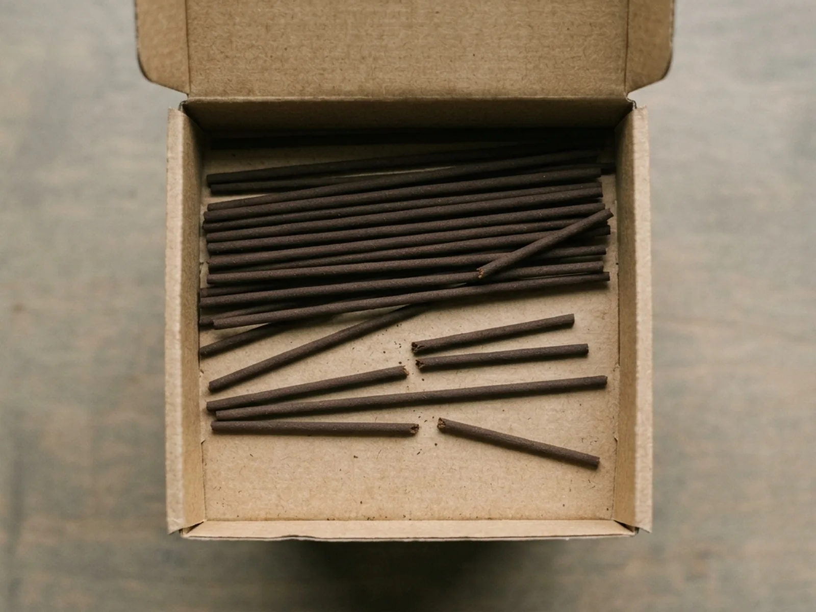 Coreless incense sticks lying in an opened carton with several broken in transit, seen from above