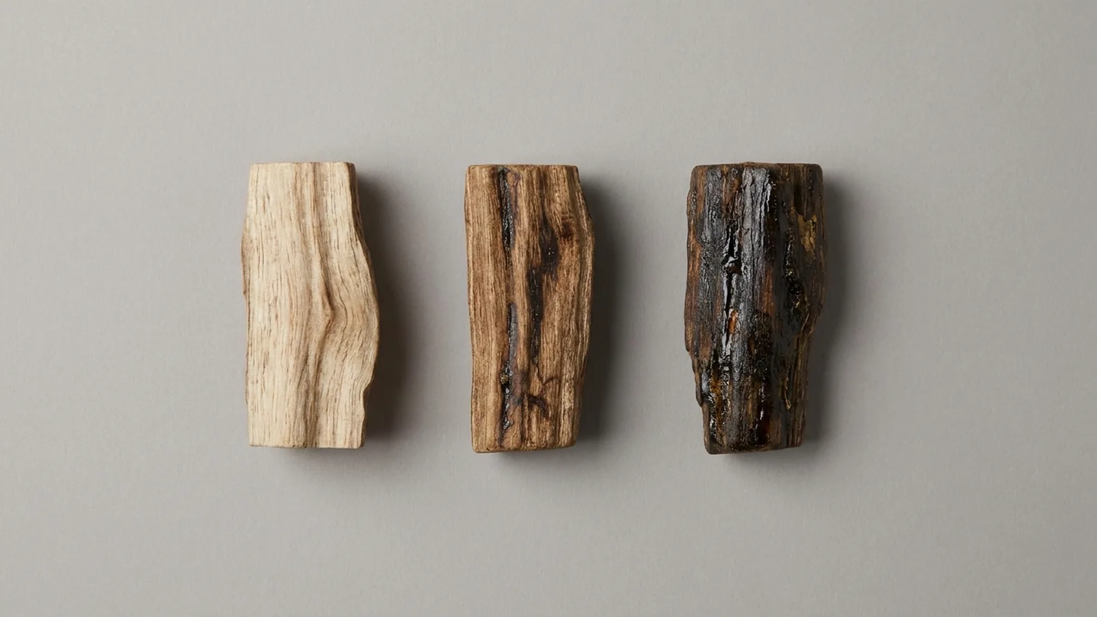 Kyara wood and plantation agarwood as adjacent cut faces, with the difference in resin density visible across the grain