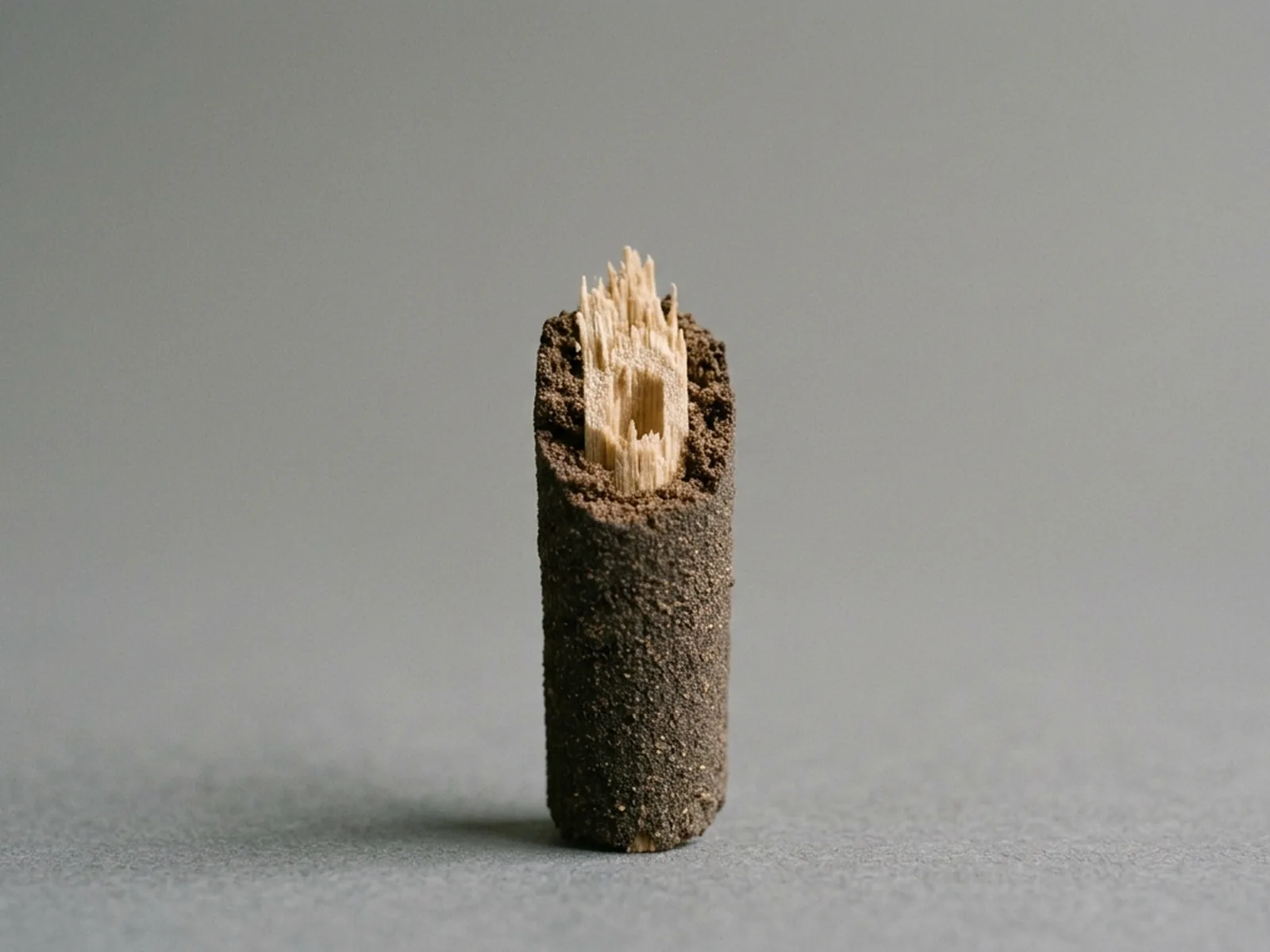 The snapped end of a bamboo-core incense stick, showing a pale square core inside a ring of darker coating