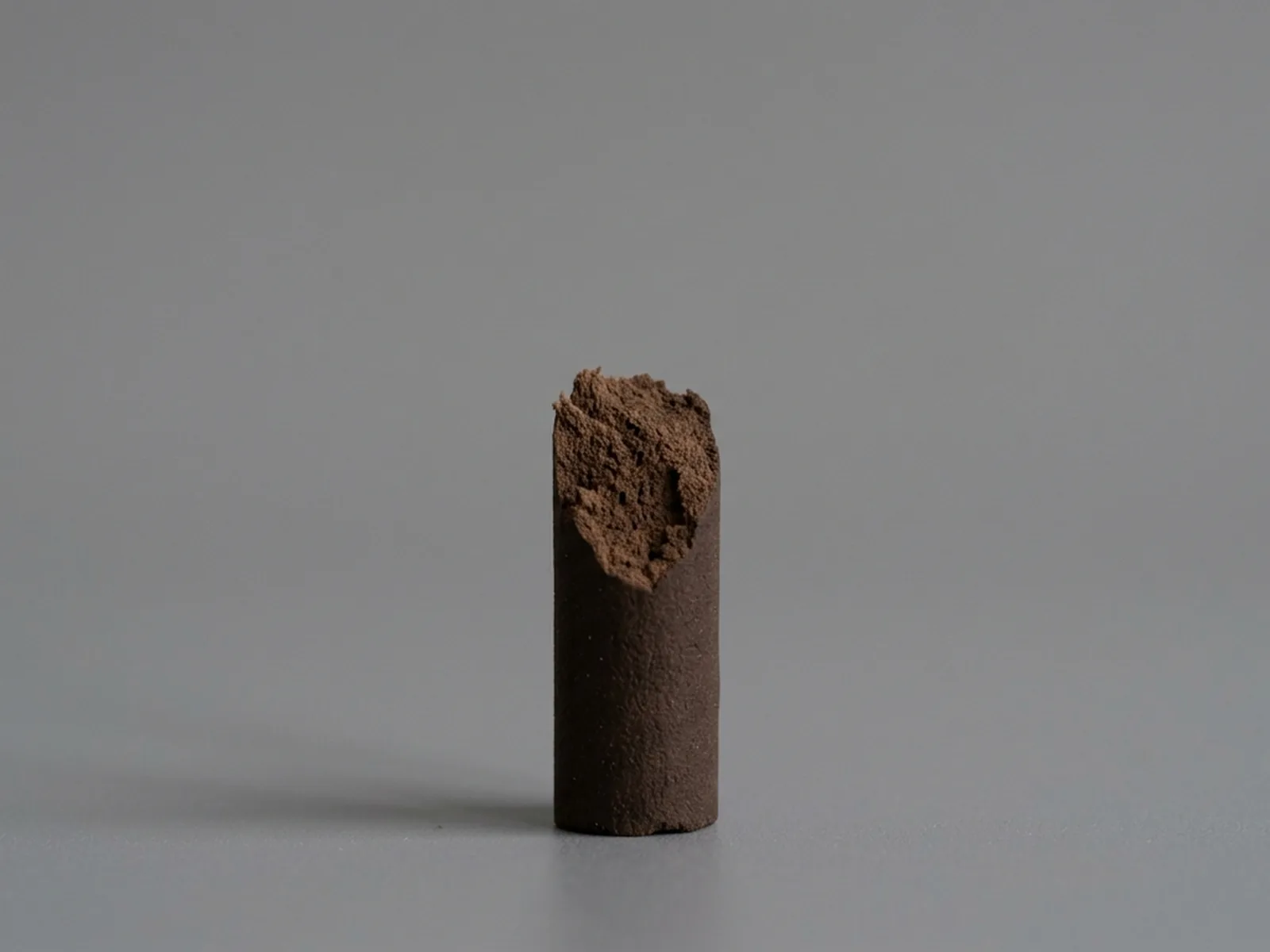 The snapped end of a coreless incense stick, showing one uniform material through the whole cross-section