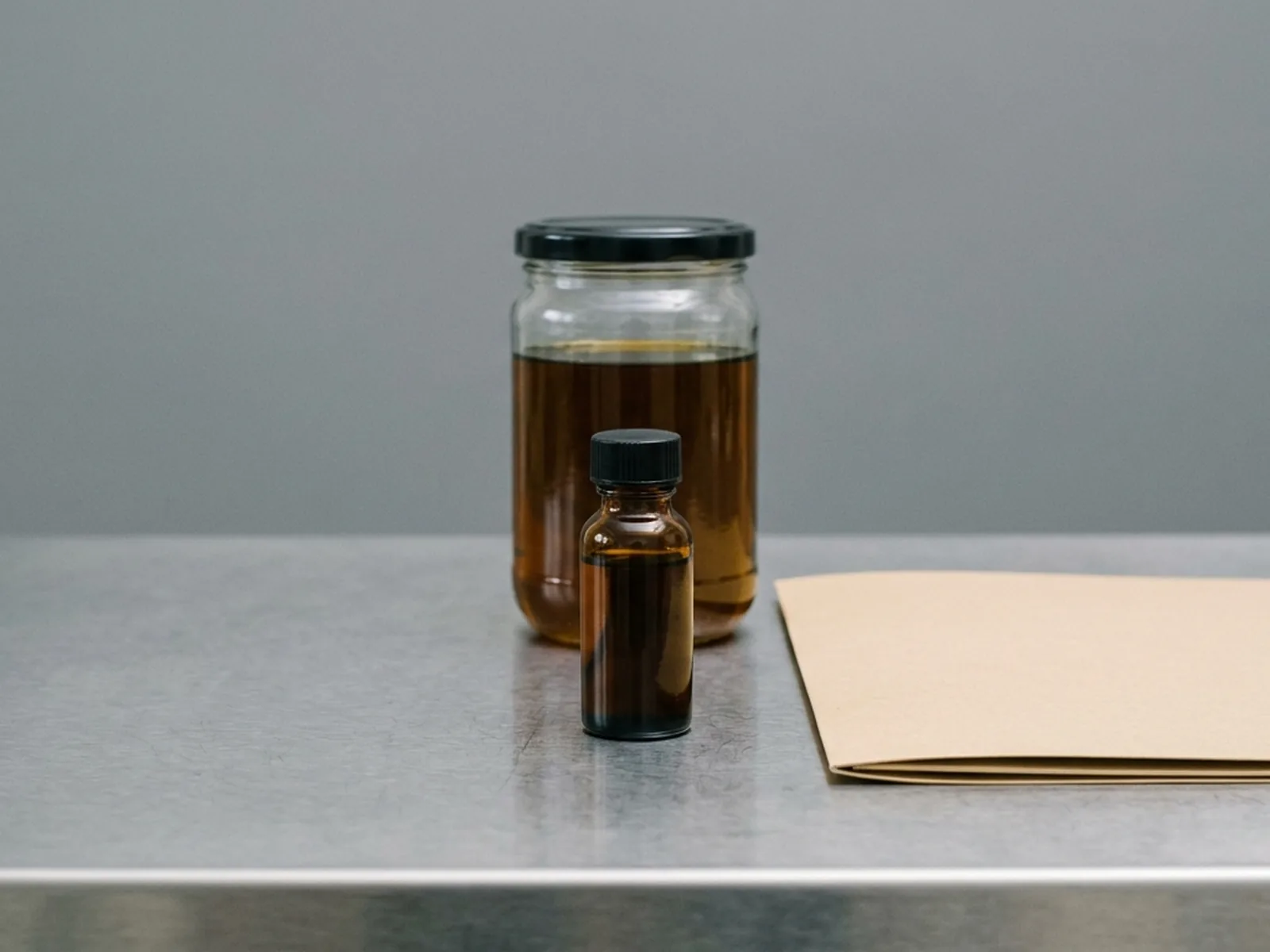 The same unlabelled amber vial beside a closed blank folder and a sealed glass retention jar of the same oil