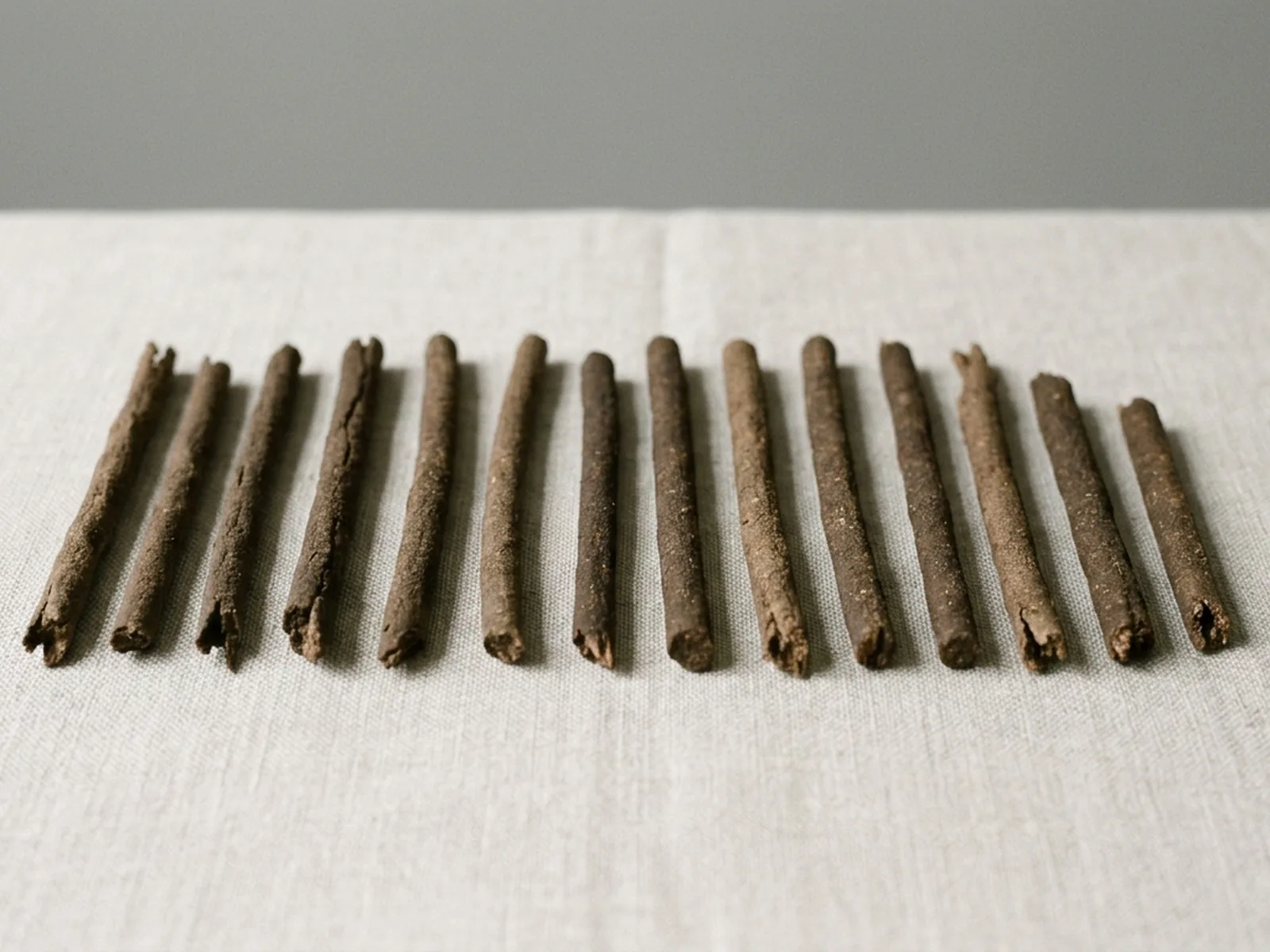 Twelve short incense sticks laid in a row, visibly varying in length and thickness so both ends of the row are ragged