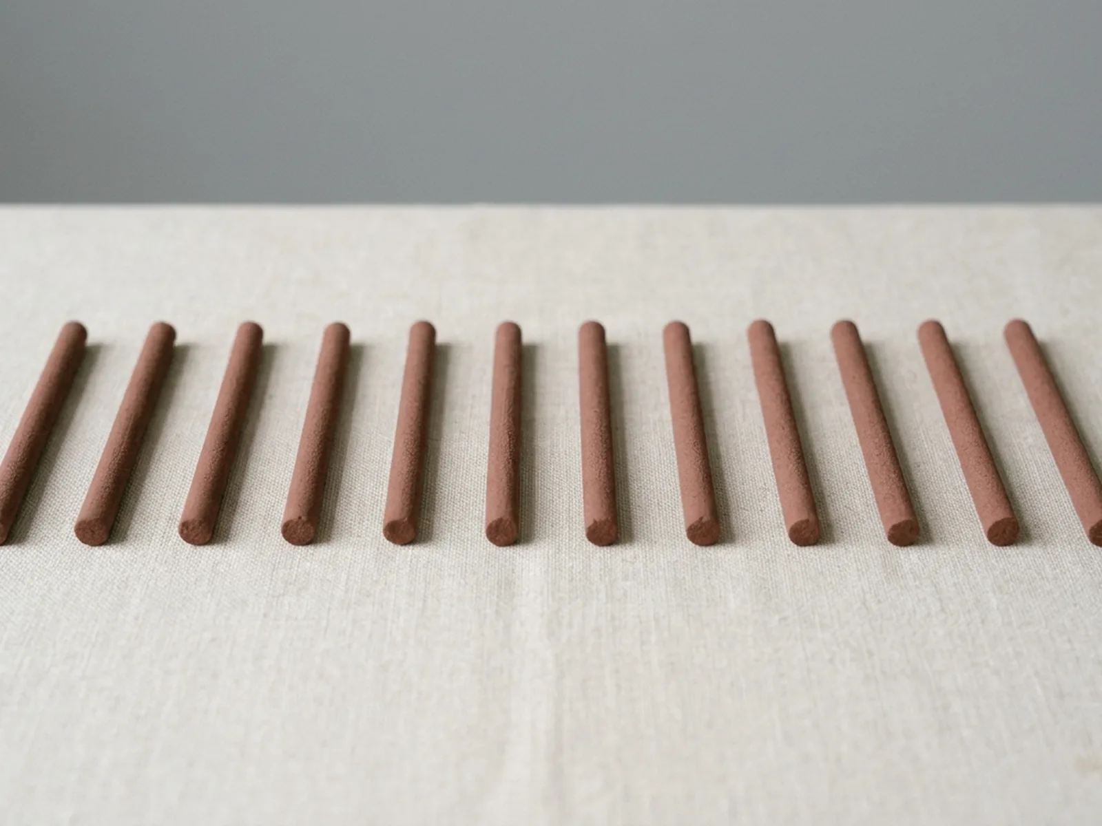 Twelve short incense sticks laid in a row, every stick the same length and diameter so both ends of the row form straight lines