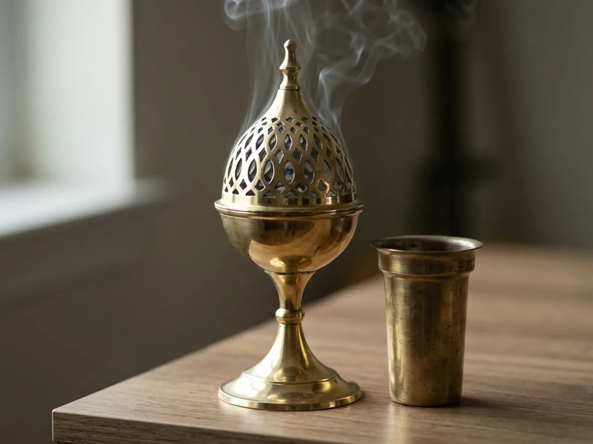 A solid brass censer with its lid in place and smoke drifting up through the pierced dome