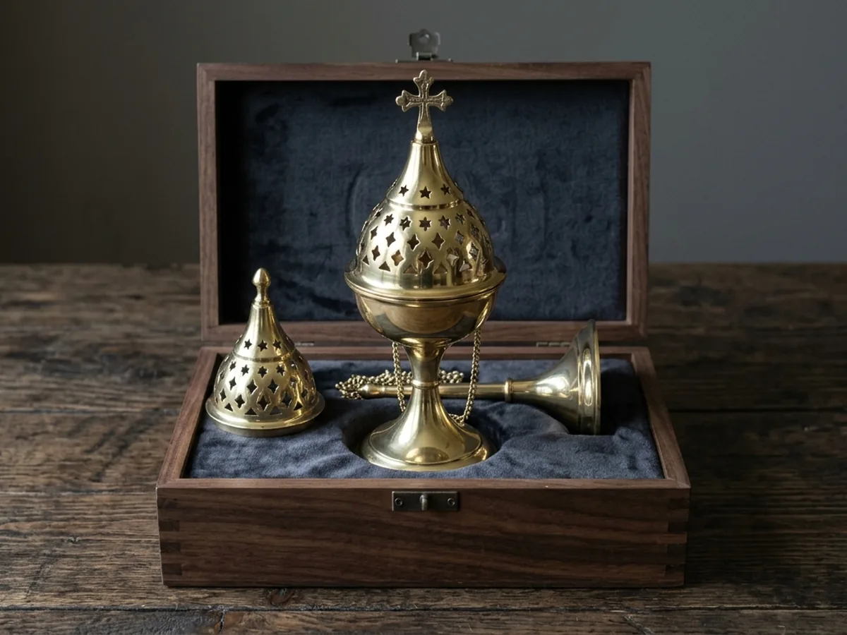 An open box lined dark holding a solid brass censer and its lid in fitted wells, on a dark timber surface