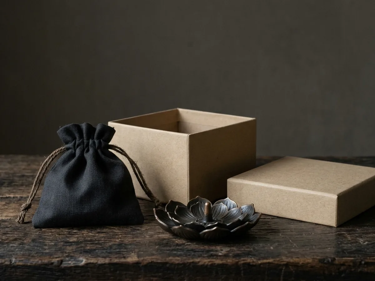 An open kraft box with a soft dark drawstring pouch beside it and one solid brass incense stand standing in front, on dark timber