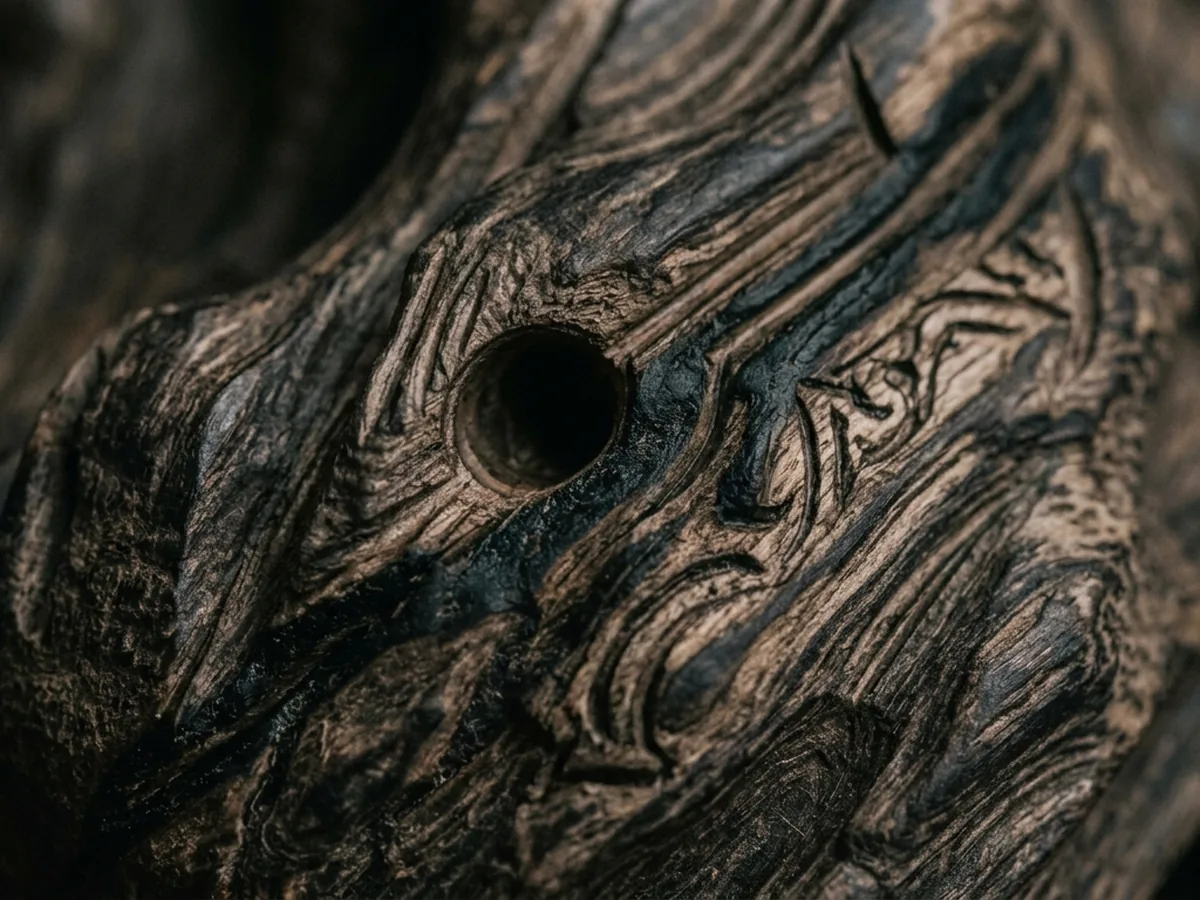 Macro of the carved surface of an agarwood incense stand, dark resin streaks running irregularly through the paler grain
