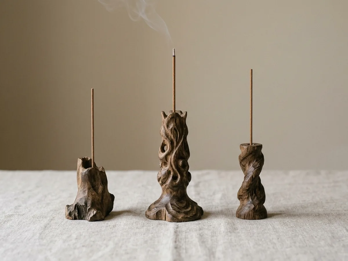 Three hand-carved agarwood incense stands of visibly different shapes standing in a row on pale linen, each one an individual piece