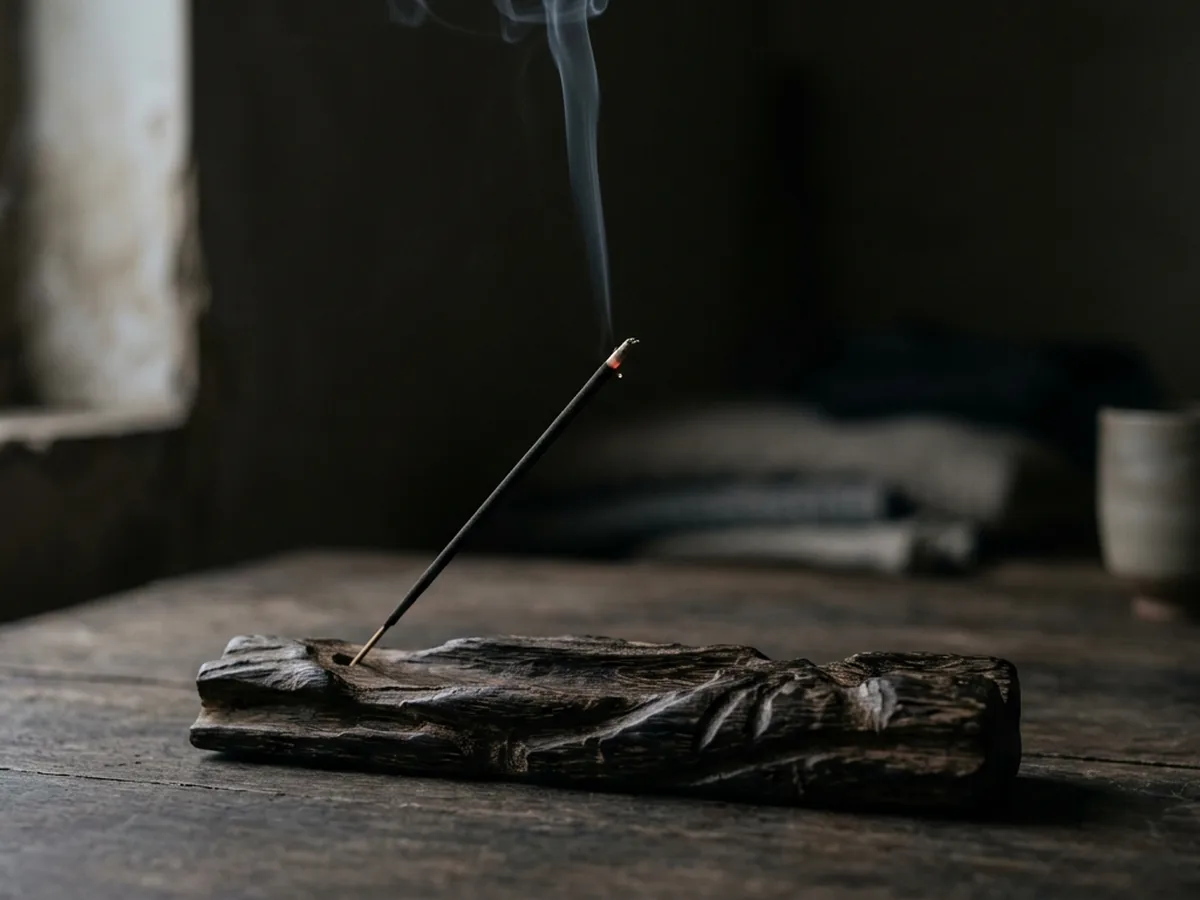 An incense stick seated in a carved agarwood stand, a fine thread of smoke rising, the dark resin grain catching low side light