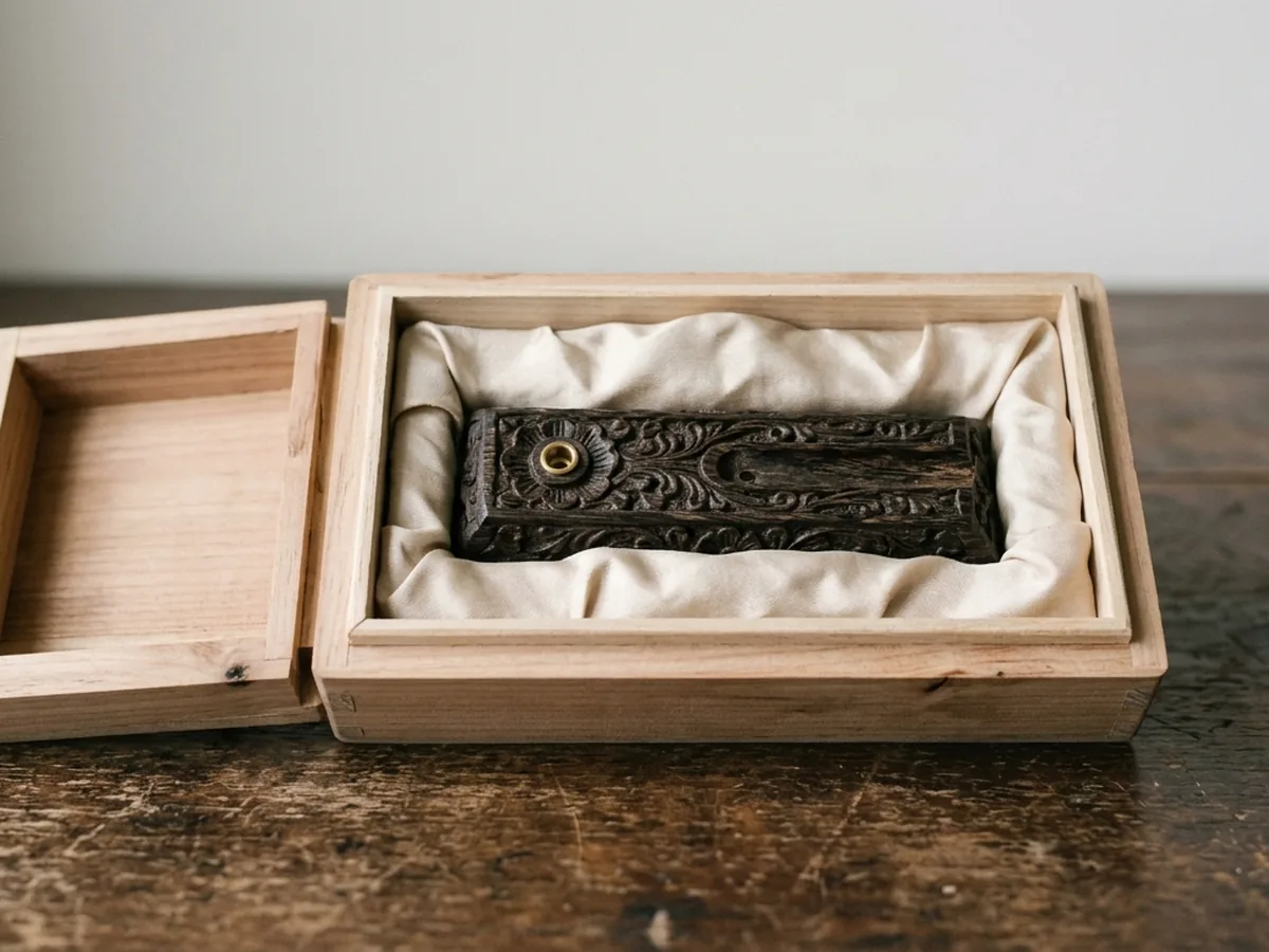 A small wooden box lined with pale silk lying open, one carved agarwood piece seated inside, on a dark timber surface