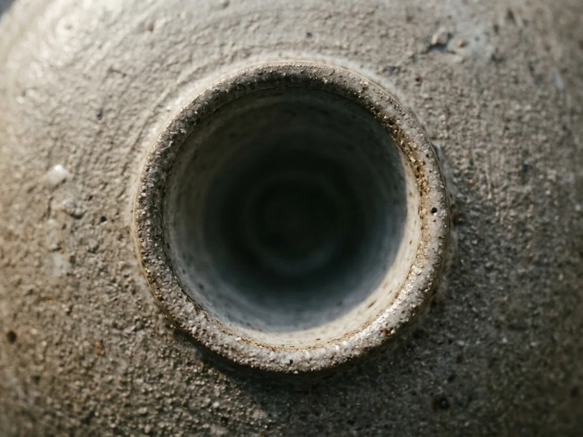 Straight down into the tapered centre bore of a stoneware plate holder, the glaze surface and the clean taper of the hole filling the frame