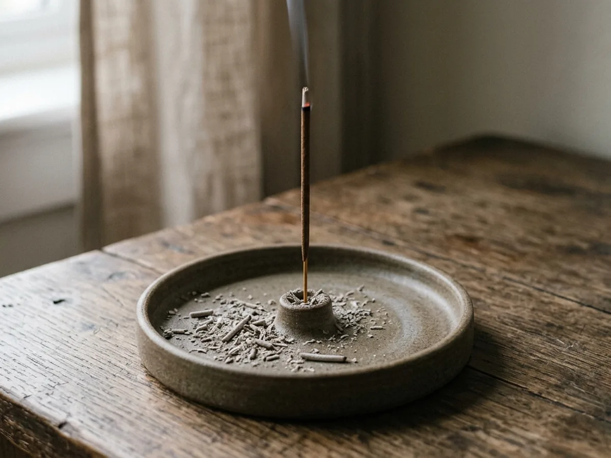 A single incense stick burning upright on a stoneware plate holder on a worn wooden table, with fallen ash around the base