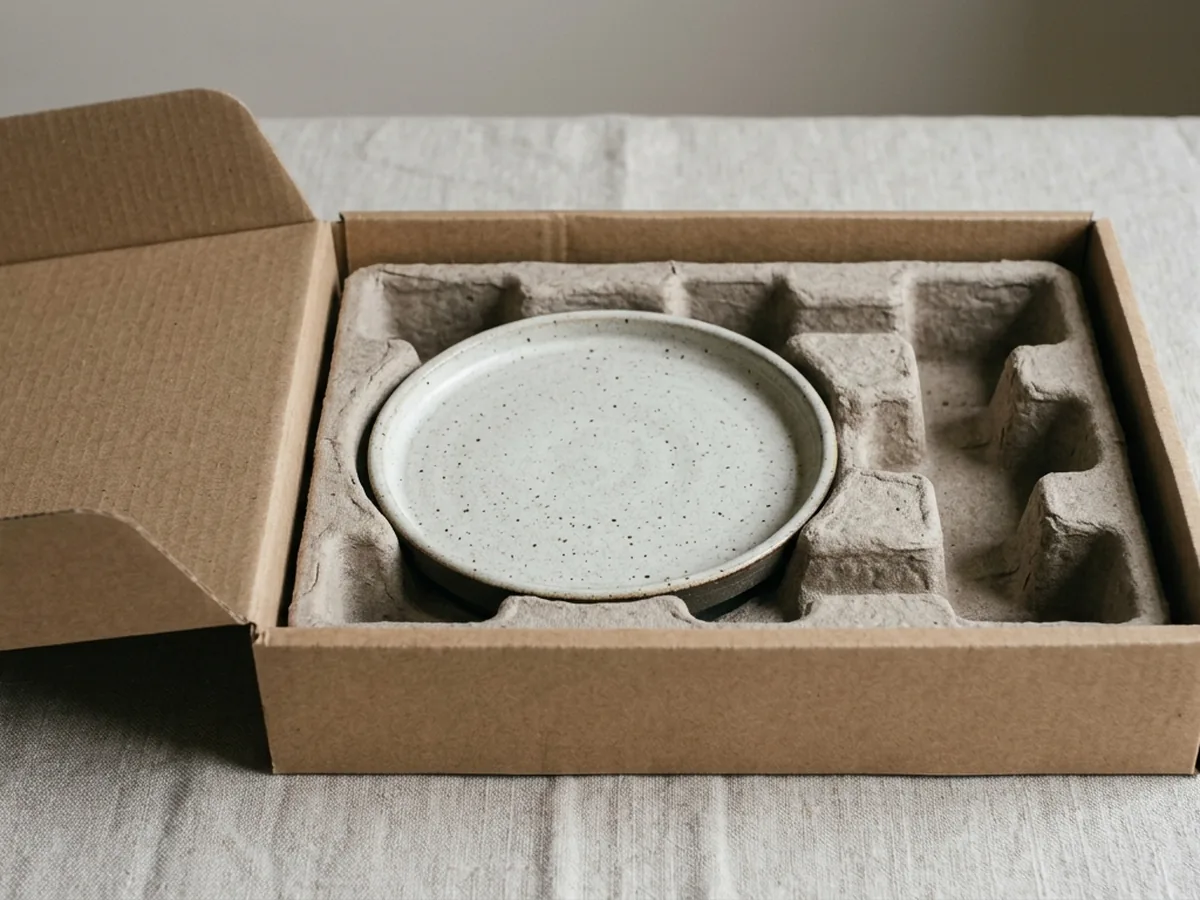A plain kraft box lying open with a moulded pulp insert holding one round stoneware plate holder