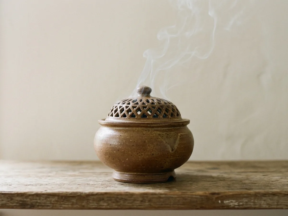 A stoneware koro censer with its pierced lid in place, fine threads of smoke rising through the openwork
