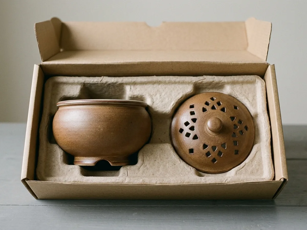 A plain kraft box lying open with a moulded pulp insert holding a stoneware koro censer body and its pierced lid in separate wells
