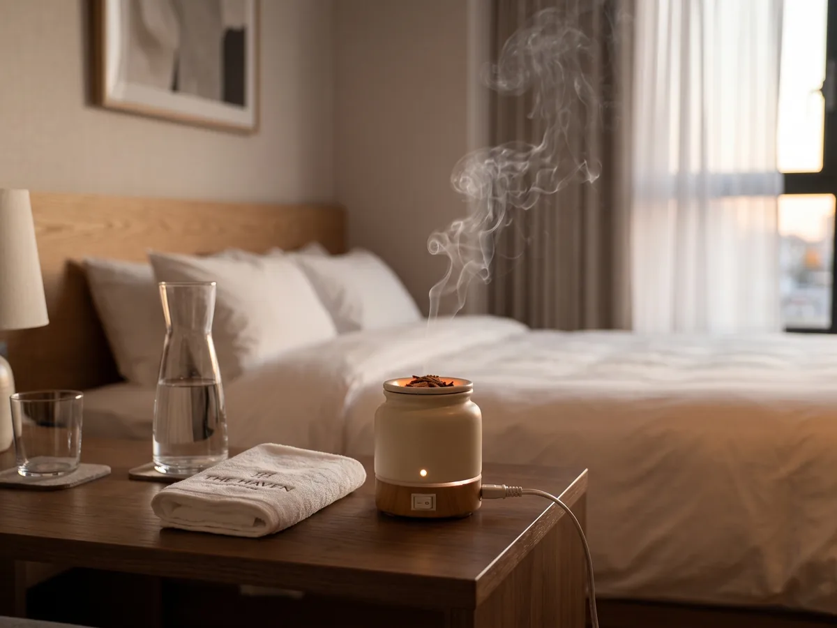 A temperature-controlled burner running on a console in a hotel room