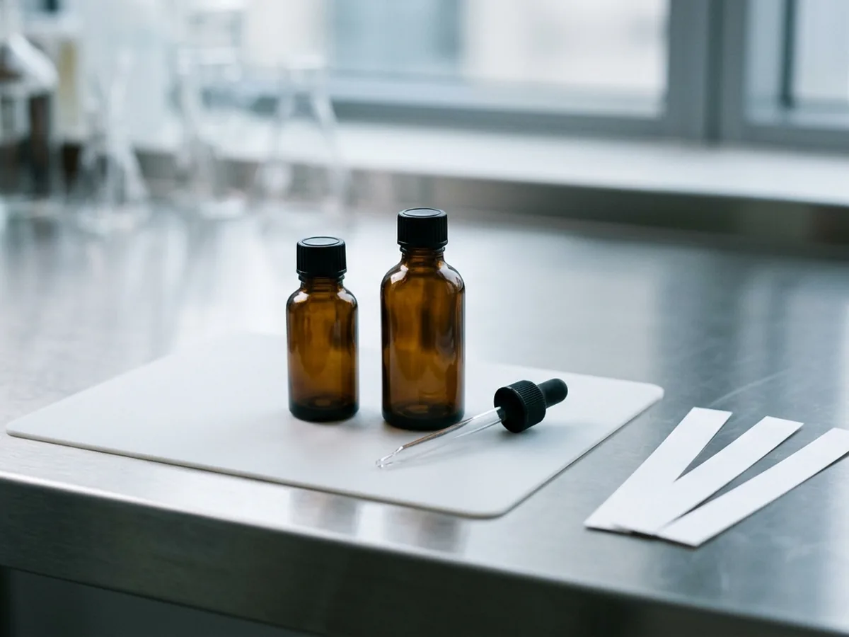Oud oil in a tola flask beside a pipette and a batch analysis sheet on a bench