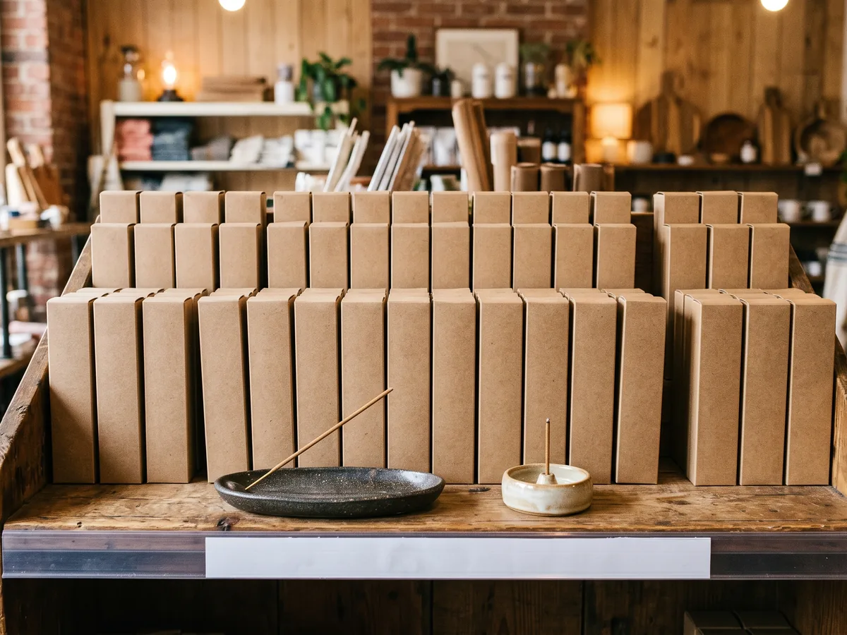 A retail shelf of boxed incense with a holder displayed alongside