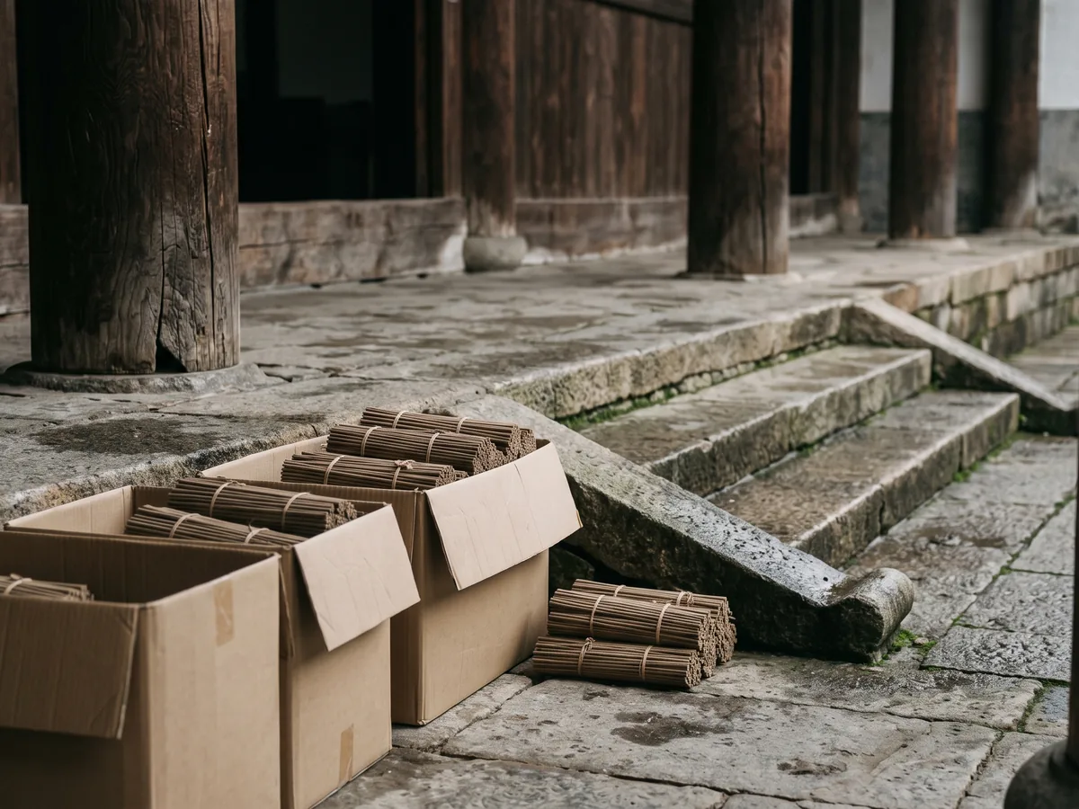 Long temple incense sticks standing in a large censer outside a hall