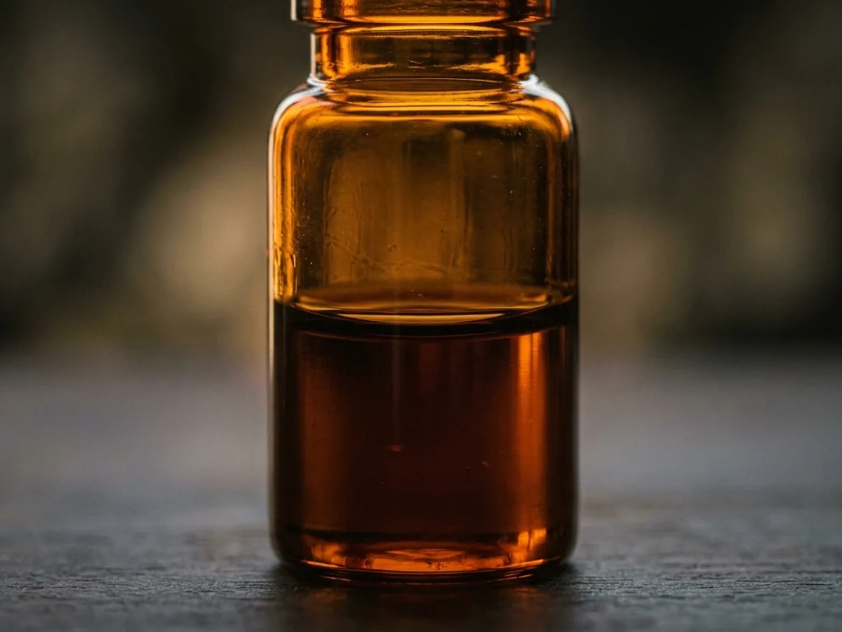 Macro of one amber vial backlit so the extract reads as a deep resinous brown, the meniscus sharp against the glass, no label