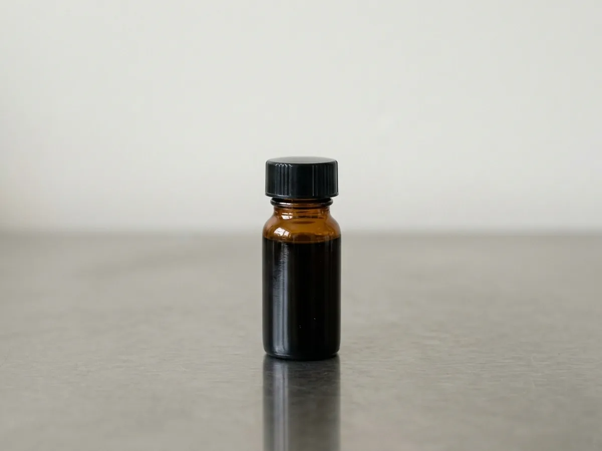 One small unlabelled amber glass vial of very dark oud extract standing alone on a brushed stainless bench