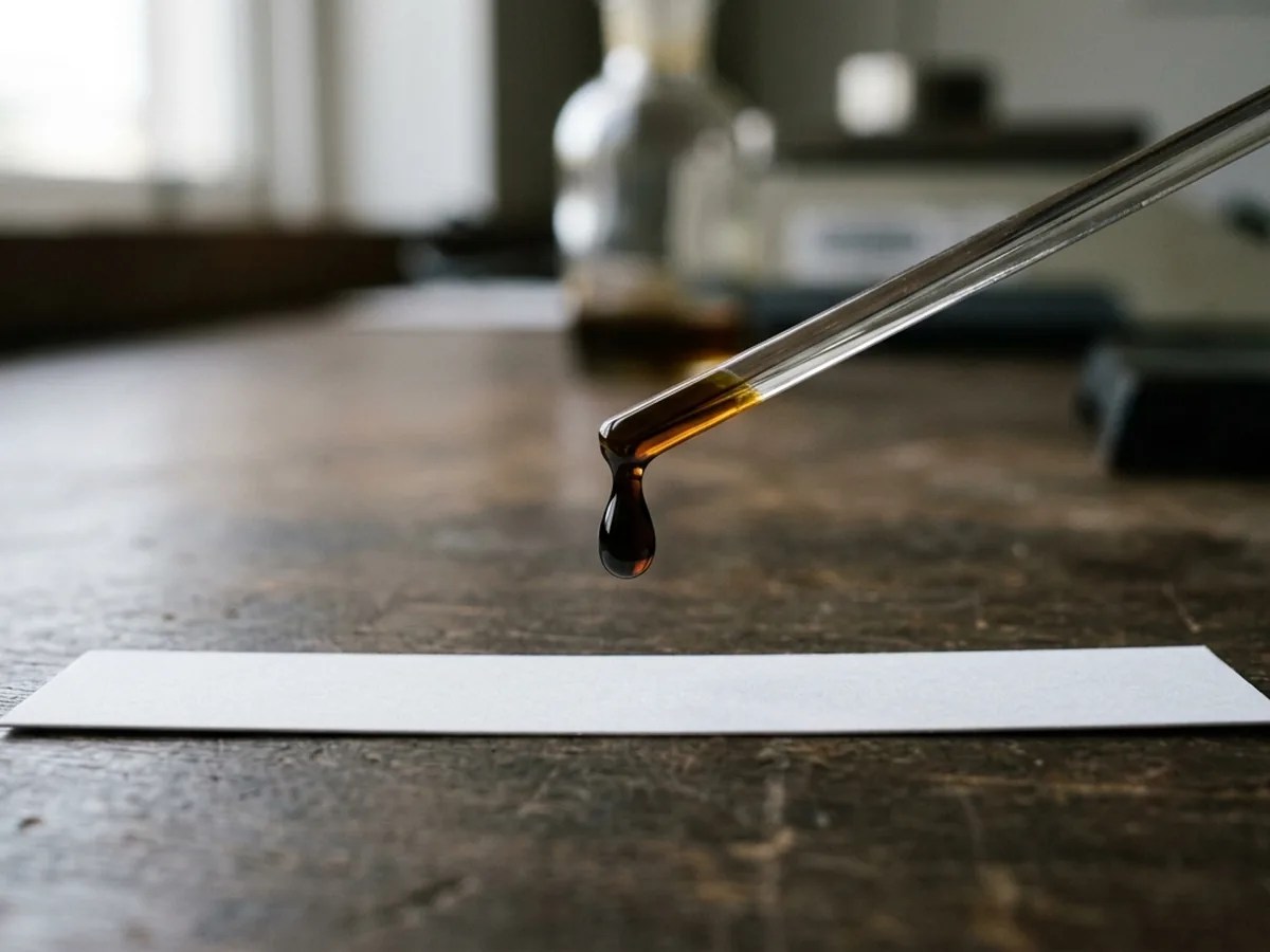 A single dark droplet of oud extract hanging from the tip of a glass rod above a blank white blotter strip