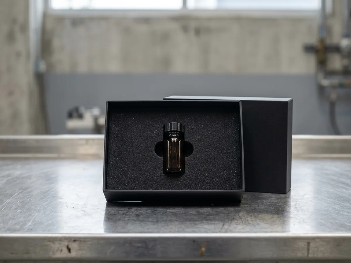 An open rigid box with a black moulded foam insert cradling one small amber vial of oud extract, lid resting behind, on a stainless bench