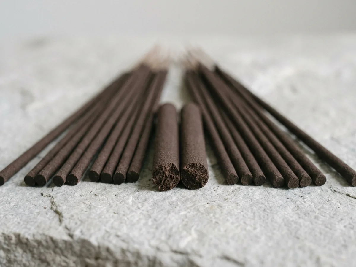 Coreless agarwood incense sticks fanned across pale grey stone with two snapped in front — the broken faces one solid dark material right through, no bamboo core