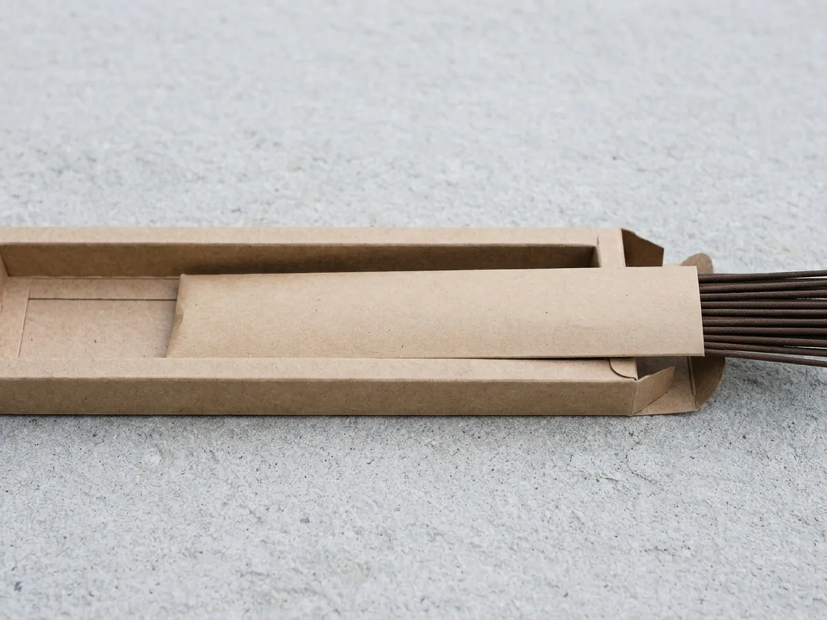 Unprinted kraft box lying open with a plain paper sleeve of dark agarwood incense sticks drawn part way out