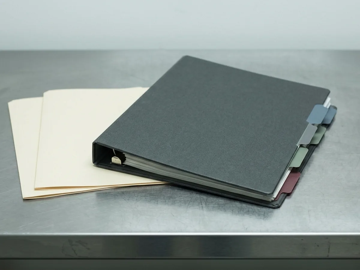 A closed ring binder of shipment documents with blank tabbed dividers