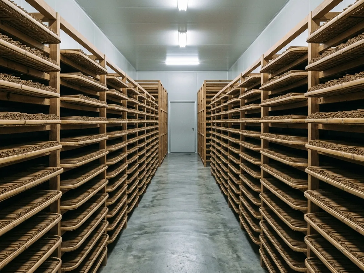 Agarwood incense sticks drying on racks in a controlled drying room