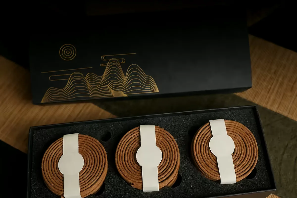Private label agarwood incense coils in a presentation box, labels left blank for the buyer’s branding