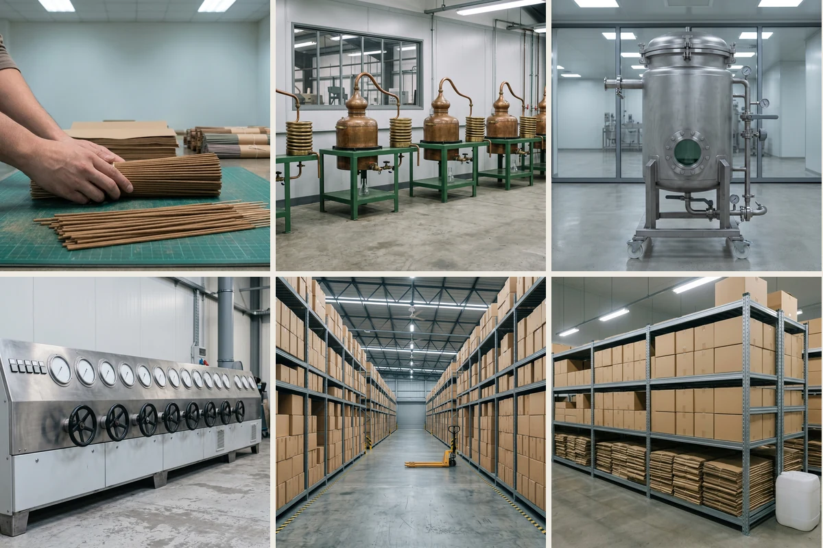 Production and storage areas — stick sorting, distillation, extraction control and finished-goods warehousing