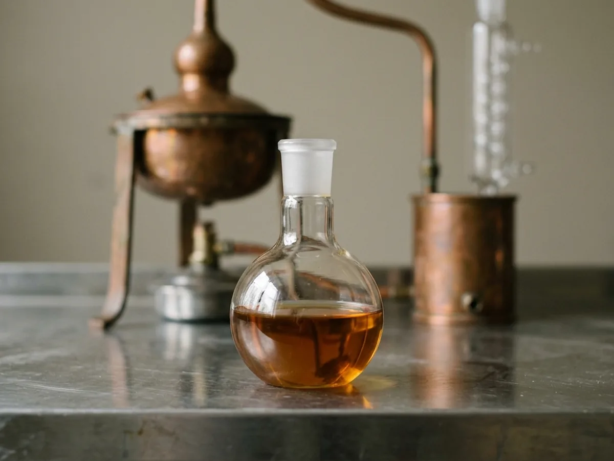 One unlabelled glass flask of warm amber oud oil on a stainless bench, a copper distillation still out of focus behind it