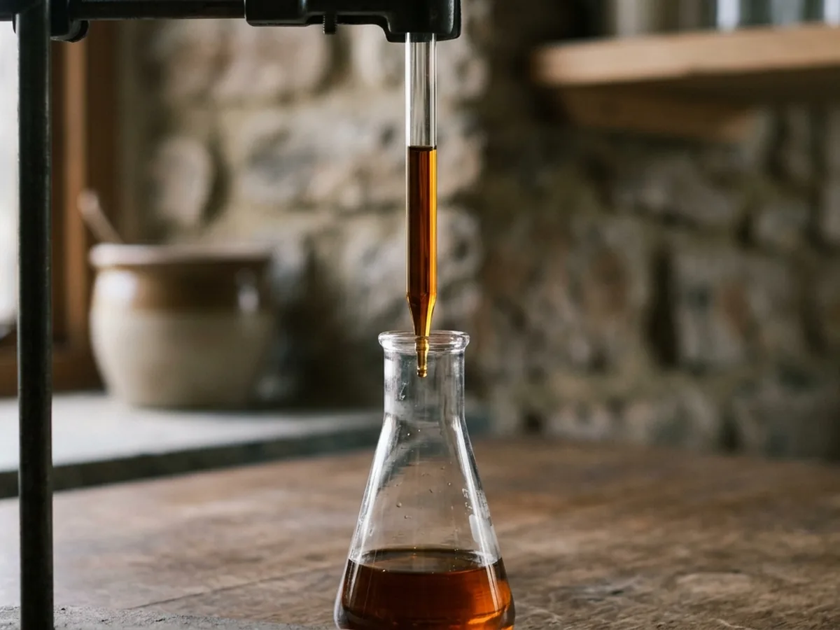 Amber oud oil running from a glass condenser tube down into an open flask on the bench below